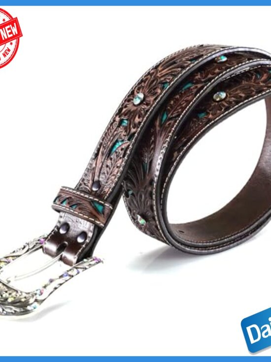 Small Leather Belt with Removable Buckle, Turquoise Inlay, Rhinestones main image 4